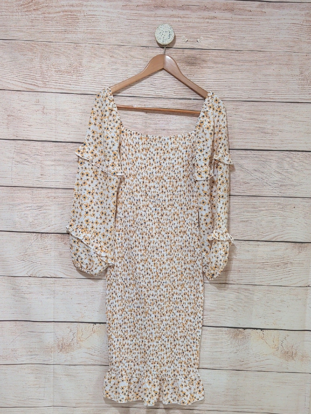 PrettyGarden Chic White Smocked Midi Dress with Yellow & Blue Floral Medium